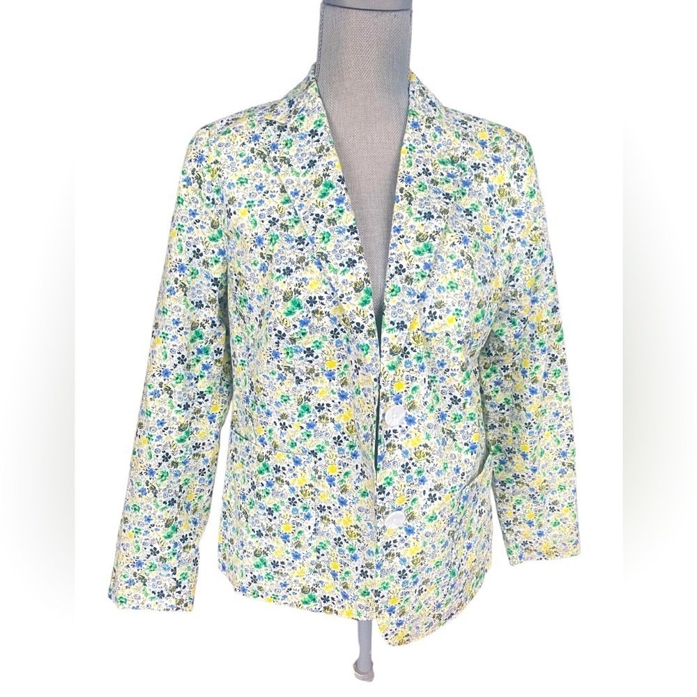 Talbots White and Blue Floral Blazer with Notched Lapel